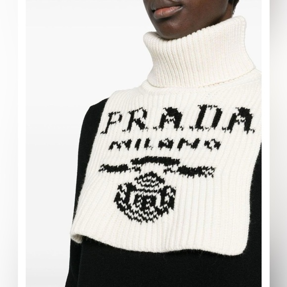 Prada Black & White Turtleneck Sweater Logo Intarsia Knit Balaclava neck warmer - Picture 6 of 6